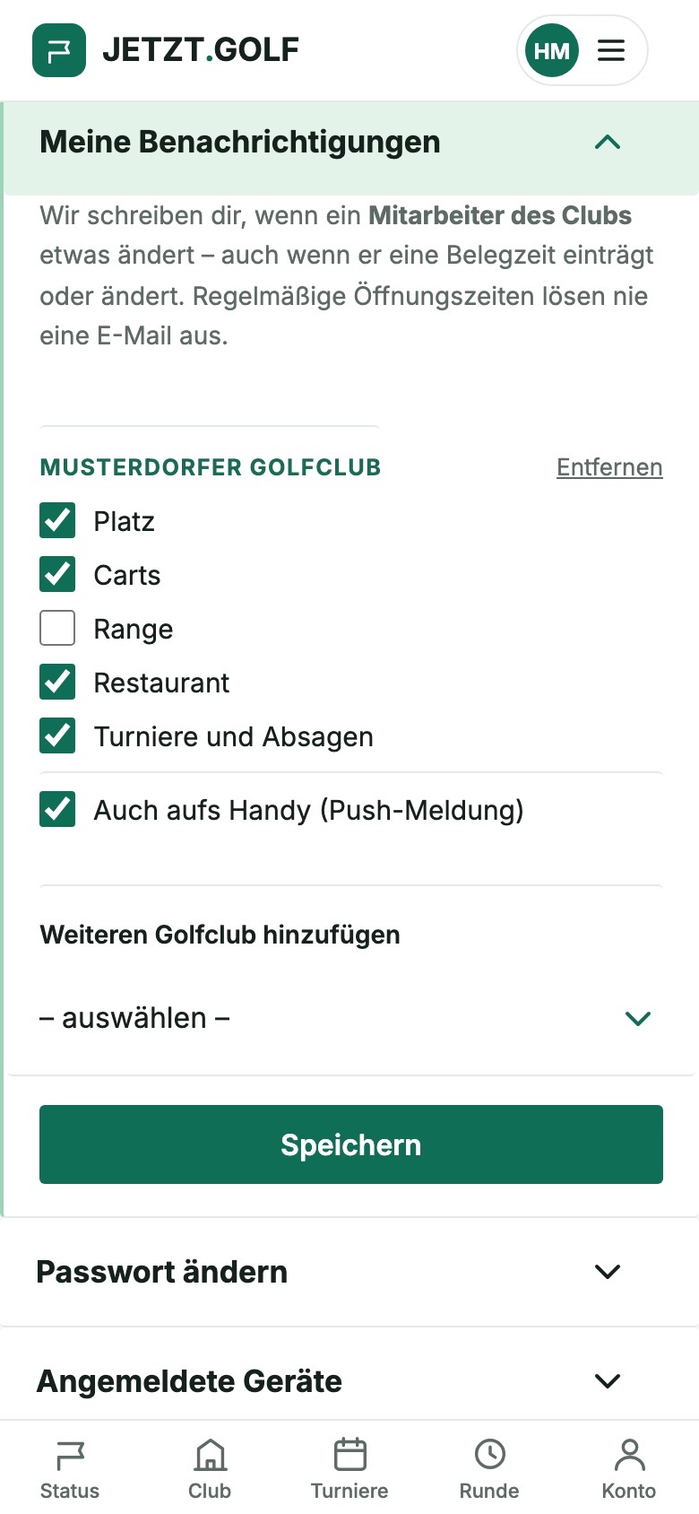 Meine Benachrichtigungen: Platz, Carts, Restaurant und Turniere angehakt, auch aufs Handy