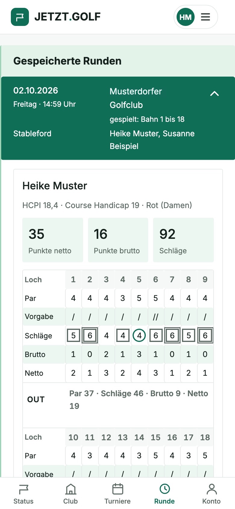 Eine gespeicherte Runde: 35 Punkte netto, darunter die Scorekarte mit allen Bahnen