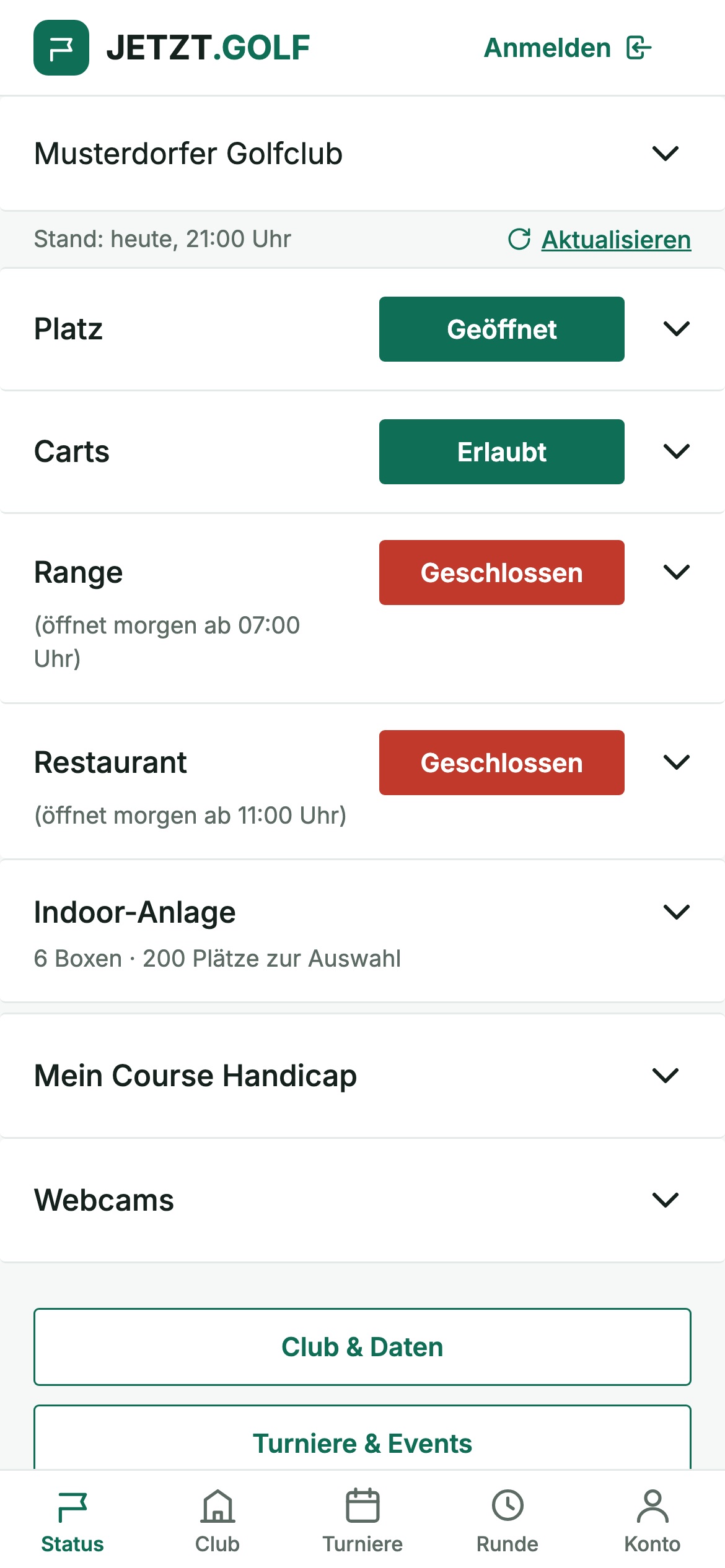 JETZT.GOLF auf dem Handy: Musterdorfer Golfclub mit dem Stand von heute, 21:00 Uhr, darunter Platz geöffnet und Carts erlaubt