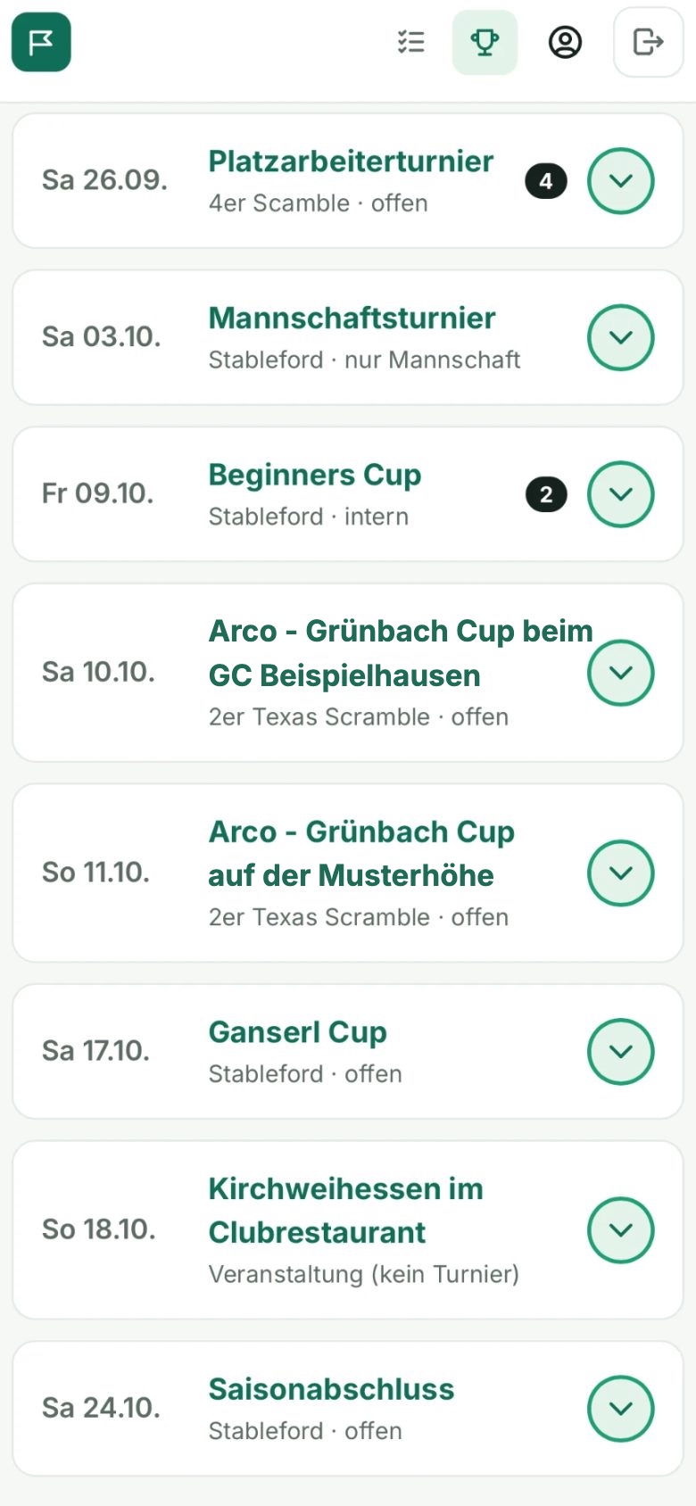 Der Turnierkalender des Clubs mit Datum, Titel und Spielart